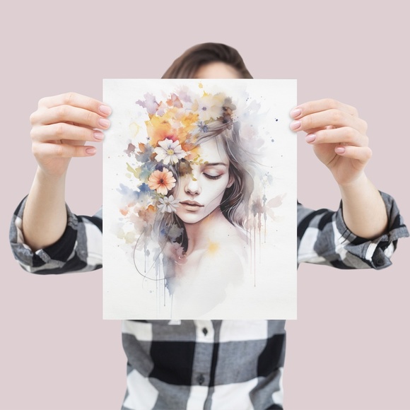 Watercolor Woman With Flowers Portrait Wall Art Illustration Print Unframed - Picture 4 of 5